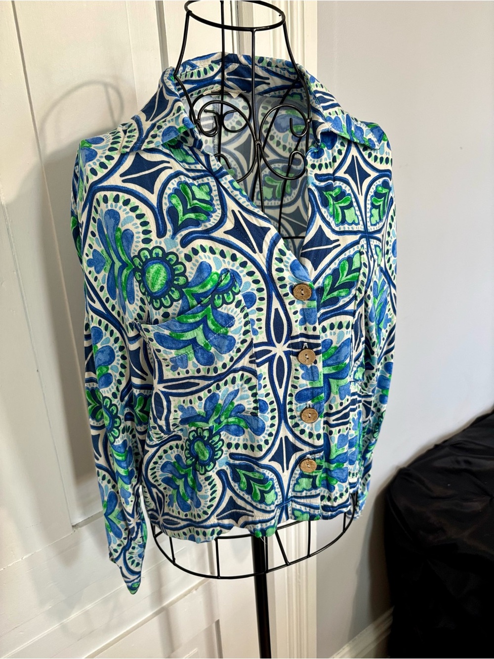 Haute Hippie Blue, Green & White Patterned Button-Up - Size S